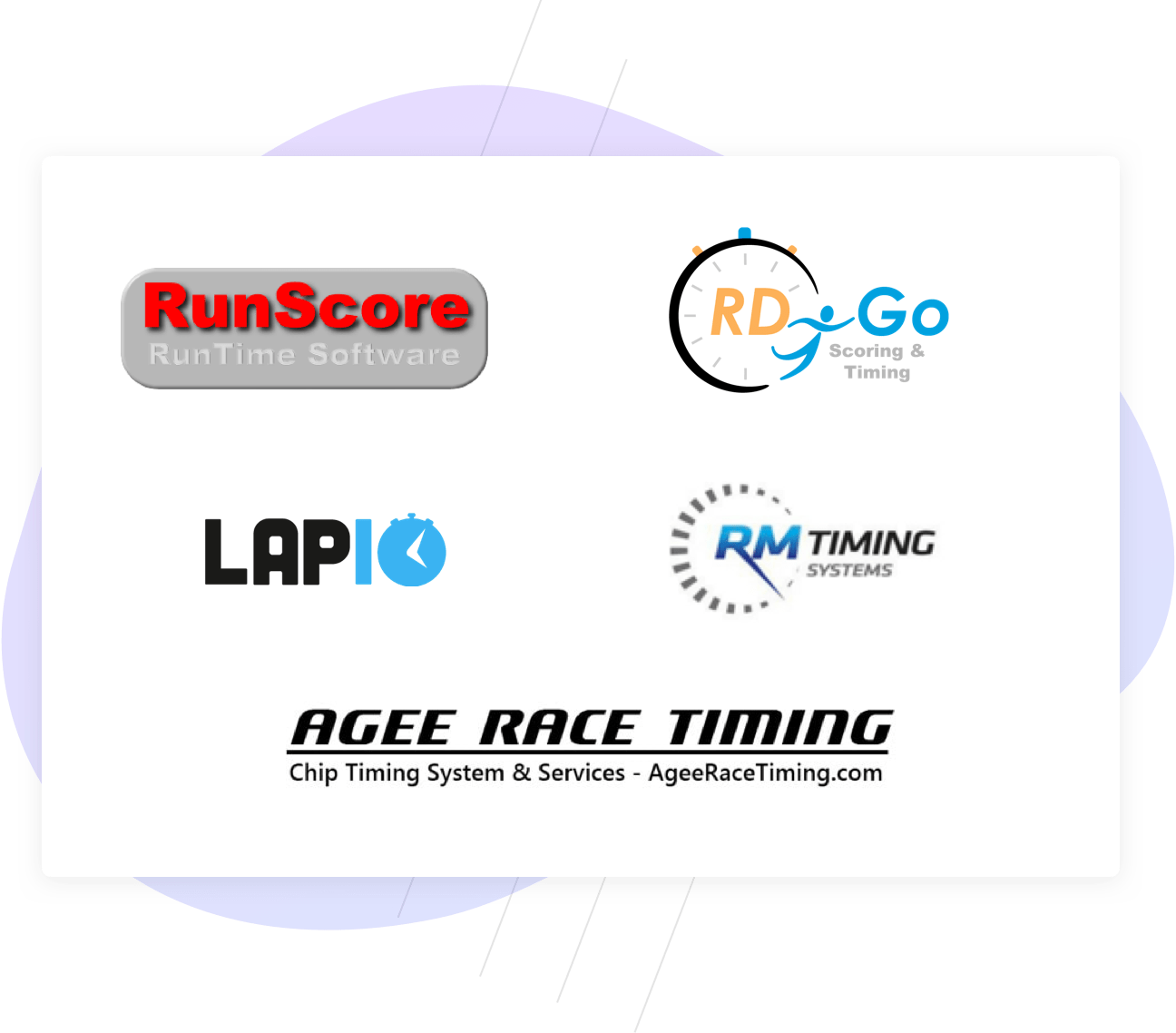 Timing integration logos: RunScore, RD Go, Lap 10, RM timing, and Agee Race Timing